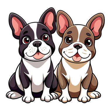 Sevimli karikatür Fransız buldog yavruları yan yana oturuyor.