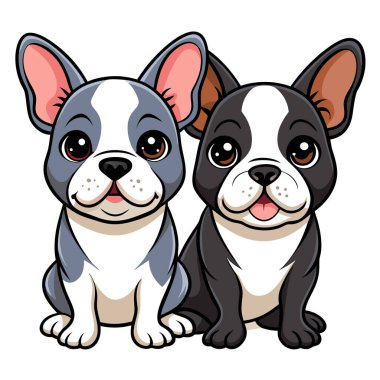 Sevimli karikatür Fransız buldog yavruları yan yana oturuyor.