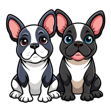 Sevimli karikatür Fransız buldog yavruları yan yana oturuyor.