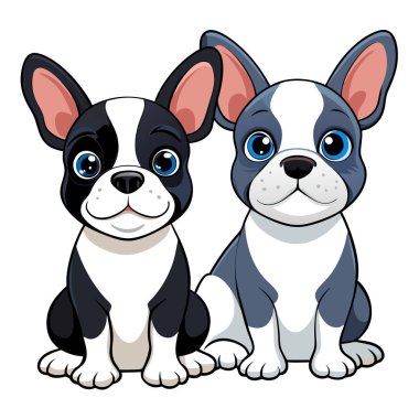 Sevimli Fransız buldog köpek yavrusu çizimleri, neşeli oturma pozları.