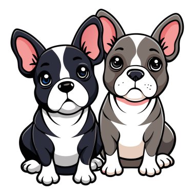 Tatlı ve renkli çizgi film tarzında oturan Fransız buldog yavrularının havası.