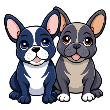 Sevimli Fransız buldog köpek yavrusu çizimleri, neşeli oturma pozları.