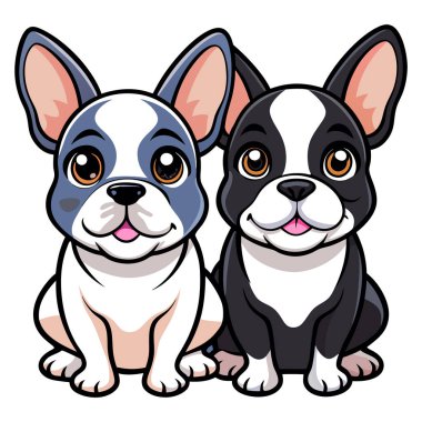 Tatlı ve renkli çizgi film tarzında oturan Fransız buldog yavrularının havası.