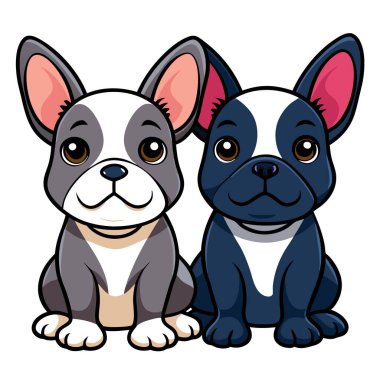 Tatlı ve renkli çizgi film tarzında oturan Fransız buldog yavrularının havası.