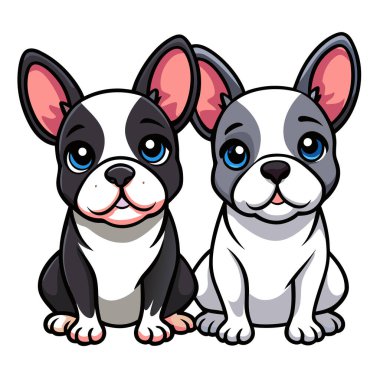 Tatlı ve renkli çizgi film tarzında oturan Fransız buldog yavrularının havası.