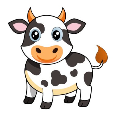 Çizgi film tarzında, neşeli ifadeli şirin inek çizimi