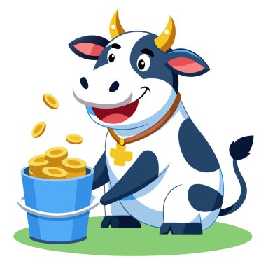 Adorable cow with a bucket of money in a playful cartoon style clipart