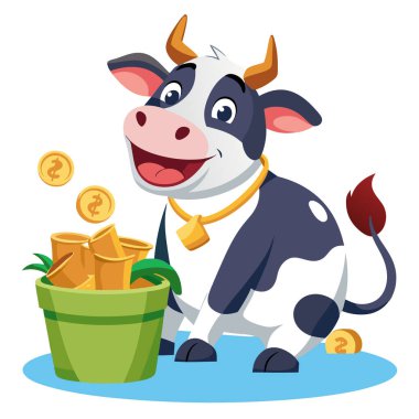 Happy cartoon cow smiling at a pail overflowing with gold coins clipart