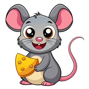 Büyük gözleri, pembe kulakları ve peynir dilimleri olan şirin bir fare çizimi