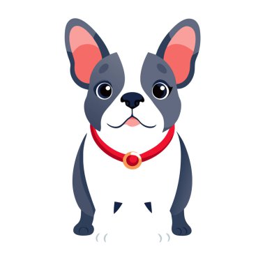 tapılası Fransız buldog vektörü düz stil büyük gözleri ve neşeli bakışları var.