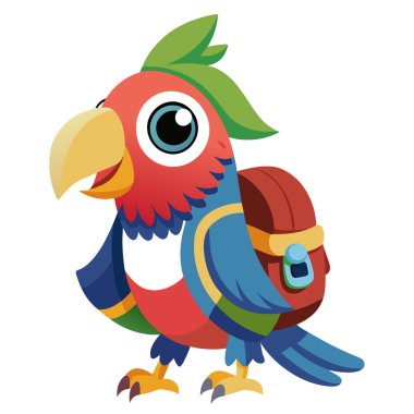 Canlı renklerde büyük bir sırt çantası olan sevimli bir papağan.