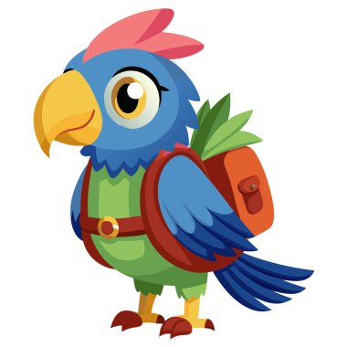 Canlı renklerde büyük bir sırt çantası olan sevimli bir papağan.