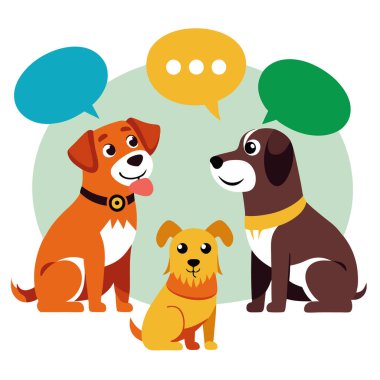 Komik bir illüstrasyonda konuşma baloncuklarıyla sohbet eden sevimli çizgi film köpekleri.