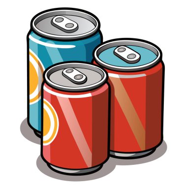 Kalın kırmızı, turuncu ve mavi desenli boş alüminyum kutular.