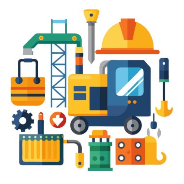 Vinçleri, kaskları ve araçları olan Renkli Düz İnşaat Ekipmanları