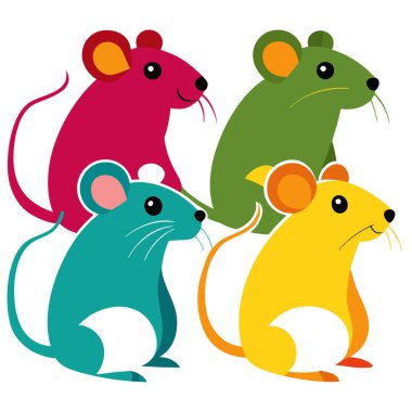 Dört renkli sevimli çizgi film faresi: sarı, kırmızı, yeşil ve siyah.