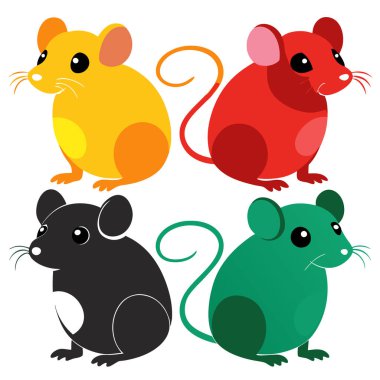 Sevimli çizgi film tarzında dört renkli farenin oyuncu çizimi
