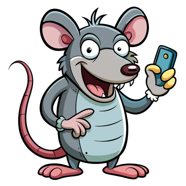 Elinde telefon ve mutlu bir pozla sevimli bir çizgi roman faresi.