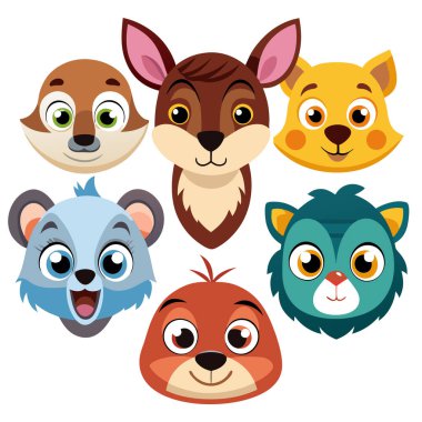 Eğlenceli ve kaprisli renkli hayvan yüzleri.