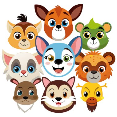 Eğlenceli ve kaprisli renkli hayvan yüzleri.