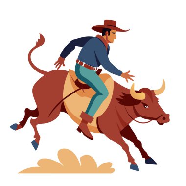 Dynamic rodeo cowboy riding a bucking bull in vibrant cartoon style clipart