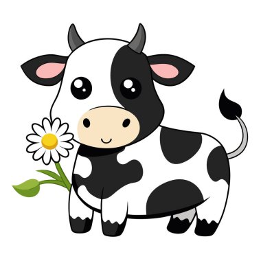 Sevimli küçük siyah beyaz inek çizgi film tarzında bir papatya yiyor.