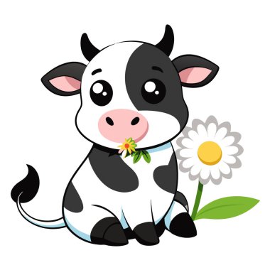 Sevimli küçük siyah beyaz inek çizgi film tarzında bir papatya yiyor.