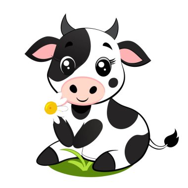 Sevimli küçük siyah beyaz inek çizgi film tarzında bir papatya yiyor.