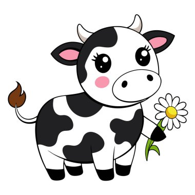 Şirin bir ineğin papatya çiçeğini tutuşu.