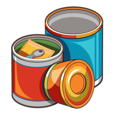 Renkli etiketlere sahip açık ve kapalı teneke kutuların ayrıntılı vektör sanatı