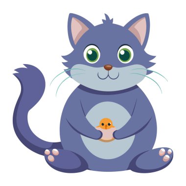 Komik çizgi film kedisi mutlu bir ifadeyle bir fareyi tutuyor.