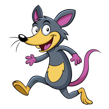 Neşeli bir ifadeyle koşan sevimli çizgi roman faresi.