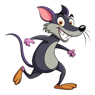 Neşeli çizgi film faresi mutlu bir gülümseme ve büyük kulaklarla koşuyor.