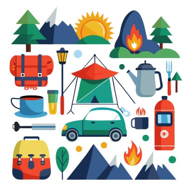 Açık hava ve kamp malzemelerinin renkli vektör çizimi