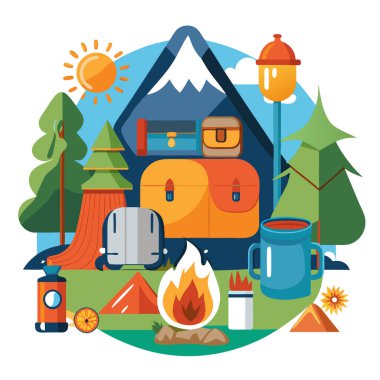 Açık hava ve kamp malzemelerinin renkli vektör çizimi