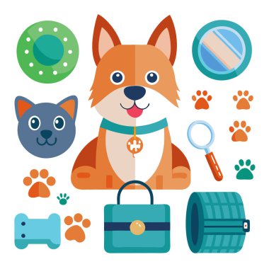 Köpek aksesuarları ve temel ihtiyaçlardan oluşan renkli vektör seti