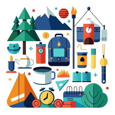 Yürüyüş ve kamp meraklıları için stilize açık hava ekipmanı tasarımı