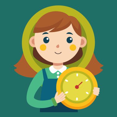 Komik çizgi film tarzında sarı bir saat tutan tatlı kız.