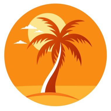 Parlak turuncu bir daire üzerinde tuhaf bir palmiye ağacı tasarımı.