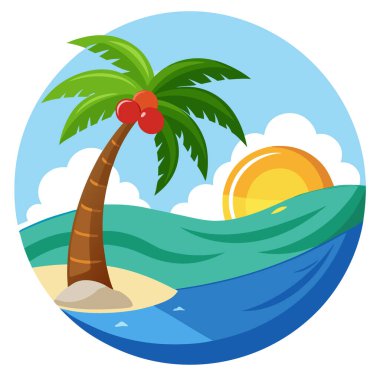 Hindistan cevizi ağacı ve altın güneşli güzel sahil manzarası