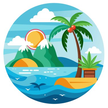 Hindistan cevizi ağacı ve altın güneşli güzel sahil manzarası