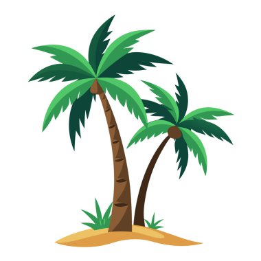 Sitilleşmiş tropik palmiye ağaçları vektörü keskin yeşil yapraklar, kahverengi gövdeler ve kumlu zemindeki çimenler plaj tatili için idealdir. Ada macerası sanatı, yaz tatili baskısı ve tropik dekor için idealdir.