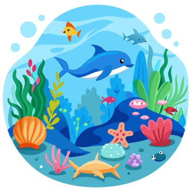 Deniz yosunu ve mercanlarla dolu canlı bir karikatür sahnesi