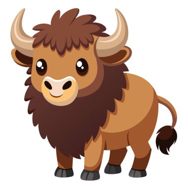 Şirin karikatür bizon vektör çizimi tüylü kürkü, büyük parlak gözleri ve hayvan temalı zanaatlar için mükemmel kıvrımlı boynuzları, çocuk tırmanma setleri, bebek odası duvarı sanatı, vahşi yaşam eğitimi ve çıkartmalar.