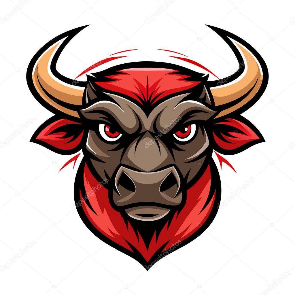 Dynamic brown and red bull head vector illustration with intense eyes, sharp golden horns, and energy lines  ideal for mascot logos, eSports branding, sports teams, gym emblems, and fantasy character art