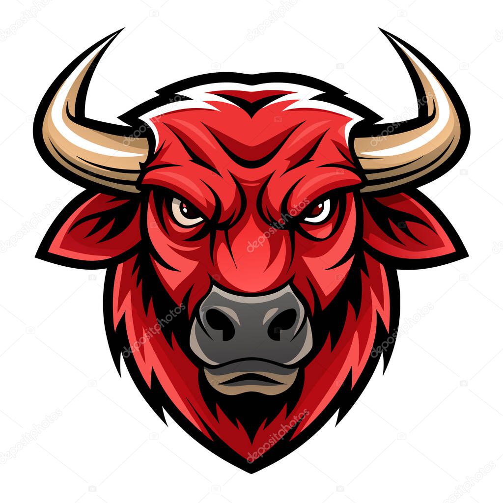 Furious red bull head vector illustration with sharp golden horns, dark muzzle, and white forehead detail  perfect for mascot logos, eSports branding, gym designs, tattoo-style art, and bold merchandise