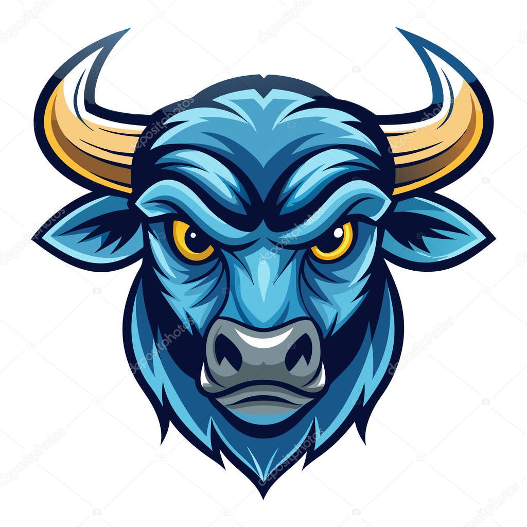 Intimidating blue bull head vector illustration with glowing yellow eyes and golden horns  perfect for eSports mascots, gym logos, powerful branding, fantasy character design, and bold tattoo graphics
