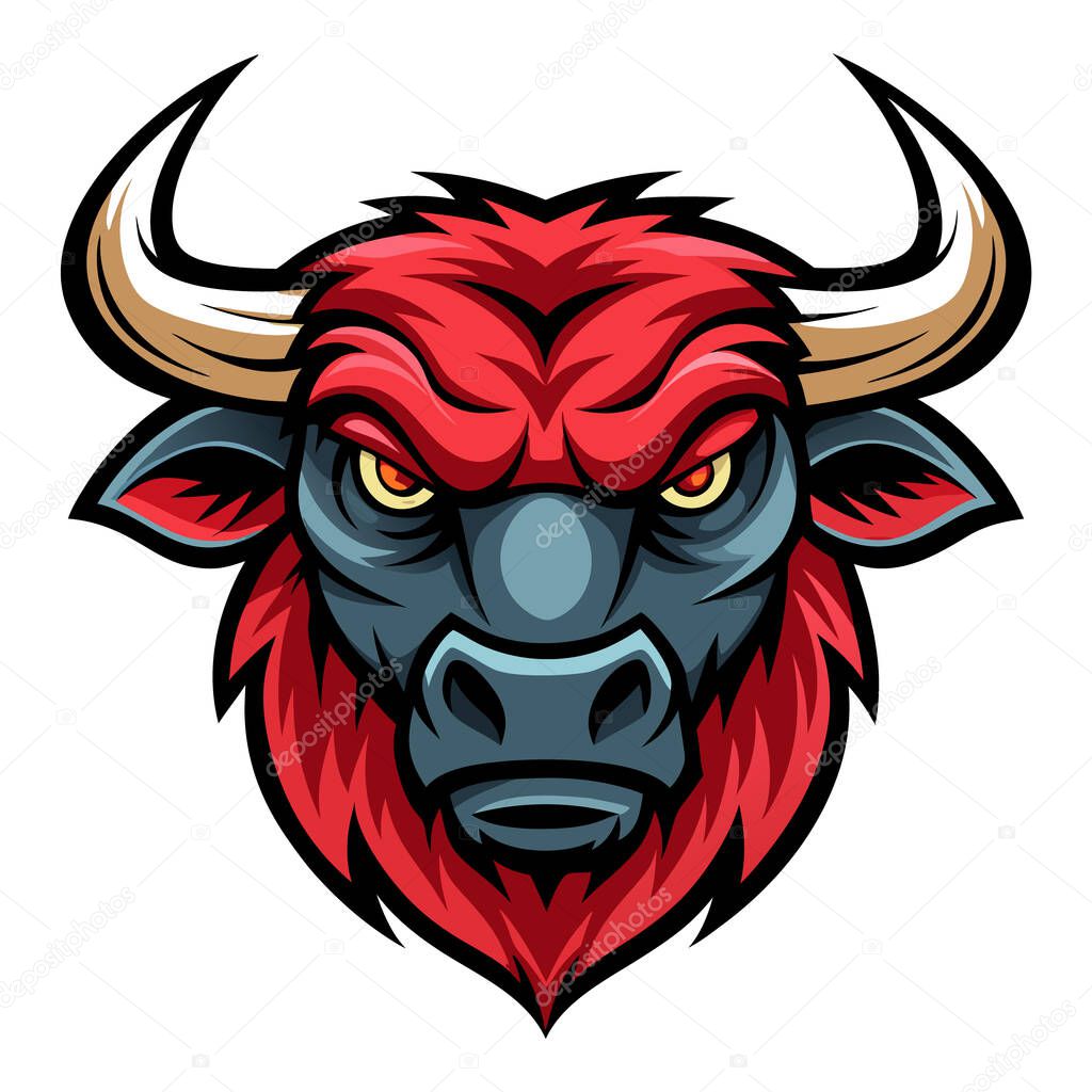 Fierce red and navy bull head vector illustration with sharp golden horns and glowing yellow eyes  ideal for eSports team logos, gym mascots, tattoo-inspired graphics, and aggressive animal branding