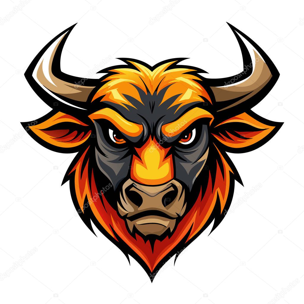 Flaming orange and yellow bull head vector illustration with fierce eyes and sharp horns  ideal for sports team mascots, eSports logos, tattoo-style art, aggressive branding, and fantasy character designs