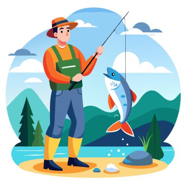 Çizgi filmdeki balıkçı elinde olta direği sanatı ile nehrin kenarında duruyor.